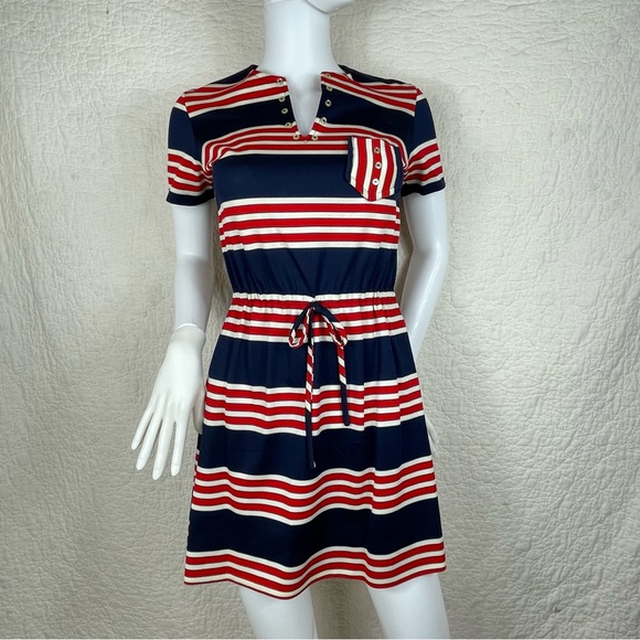 🔥Vintage 60s Jeune Leique Striped Red Blue Mini Dress - Picture 1 of 14